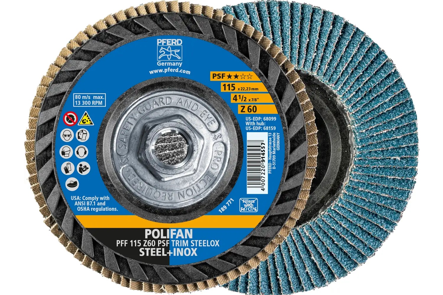 Picture of Pferd Flap Disc, 4-1/2" x 5/8-11, Z PSF Trim Steelox, 60 Grit, T27, Flat, Zirconia